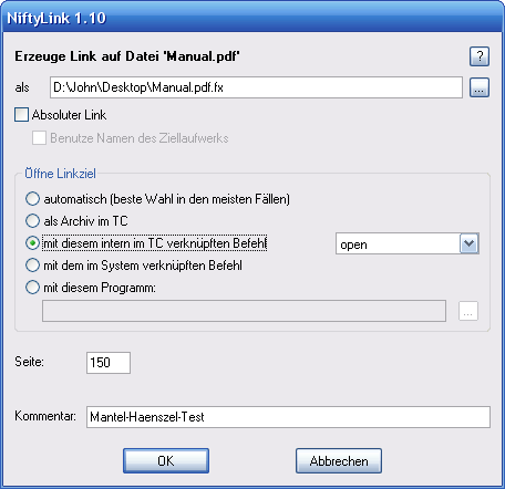Dialog zum
Erzeugen eines neuen Links im Total Commander