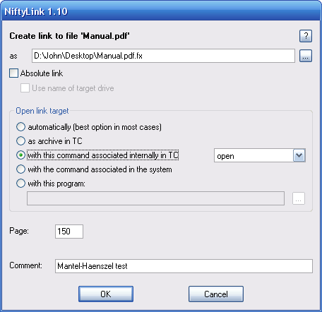 dialog for
creating a new link in Total Commander